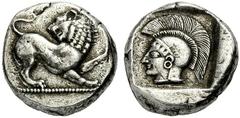 GRIECHISCHE MÜNZEN THRAKIEN CHERSONESOS Tetradrachmon, geprägt unter Miltiades II., 495-494. Löwe geduckt auf einer Perlleiste n. r., Kopf n. l. gewendet, die l. Vordertatze erhoben. Rv. Athenakopf n.