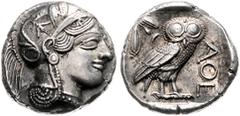 Antike Griechen - Attika Tetradrachme 420/404 v.Chr. - Athen Kopf der Athena Glaukopis n.r. Rs: Steinkauz (Athene Noctua) n.r., Olivenzweig (das Geschenk der Athene an die Menschen symbolisierend) und