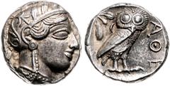 Antike Griechen - Attika Tetradrachme 420/404 v.Chr. - Athen Kopf der Athena Glaukopis n.r. Rs: Steinkauz (Athene Noctua) n.r., Olivenzweig (das Geschenk der Athene an die Menschen symbolisierend) und