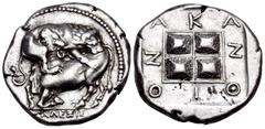 Greek MACEDON. Akanthos. Circa 430-390 BC. Tetradrachm (Silver, 25 mm, 13.93 g, 7 h), struck under the magistrate Alexis. ΑΛΕΞΙΣ Lion to right, attacking bull collapsing to left; below, Z(?). Rev. ΑΚΑ