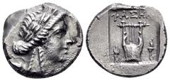 Greek LYCIA. Phaselis. Circa 84-77 BC. Drachm (Silver, 14 mm, 2.45 g, 12 h), Pseudo-Lycian League coinage. Laureate head of Apollo to right, bow and quiver over his left shoulder. Rev. ΦAΣHΛI Kithara;