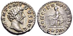 Roman Imperial Marcus Aurelius, 161-180. Denarius (Silver, 18 mm, 3.27 g, 12 h), Rome, 161-162. •M• ANTONINVS AVG Bare head of Marcus Aurelius to right. Rev. CONCORD AVG TR P XVI / COS III Concordia s