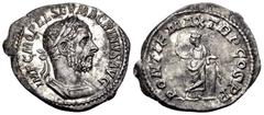 Roman Imperial Macrinus, 217-218. Denarius (Silver, 21.5 mm, 2.72 g, 6 h), Rome, summer 217-early 218. IMP C M OPEL SEV MACRINVS AVG Laureate and cuirassed bust of Macrinus to right. Rev. PONTIF MAX T