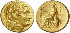 KINGS of THRACE. Lysimachos. 305-281 BC. Stater (Gold, 8.53 g), uncertain mint, struck circa 280s-250s BC. Diademed head of Alexander III to right, ram’s horn over his ear. Rev. ΒΑΣΙΛΕΩΣ ΛΥΣΙΜΑΧΟΥ Ath
