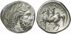 KINGS of MACEDON. Philip II. 359-336 BC. Tetradrachm (Silver, 14.36 g 11), Pella, struck circa 359-355/4 BC. Laureate head of Zeus to right. Rev. ΦΙΛΙΠΠΟΥ Philip riding left, wearing armor, kausia and