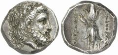 KINGS of EPEIROS. Alexander I, “the Molossian”. 350-330. Stater (Silver, 10.92 g 2), Corcyran standard, Tarentum, possibly by the famous Tarentine Kal... engraver, struck circa 334-330 BC. Bearded hea