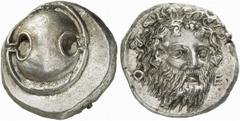 BOEOTIA, Thebes. Circa 405-395 BC. Stater (Silver, 12.05 g). Boeotian shield. Rev. Θ Ε Bearded head of Dionysos, three-quarters facing and turned slightly to the right, wearing ivy wreath. BCD Boiotia