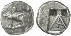ARGOLIS, Argos. Circa 490s/480s-470s BC. Triobol (Silver, 3.08 g 12). Forepart of wolf at bay to left. Rev. Alpha, with bar sloping to the right and with two pellets, within a shallow incuse square wi
