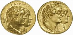 PTOLEMAIC KINGS of EGYPT. Ptolemy II Philadelphos, with Arsinöe II, Ptolemy I, and Berenike I. 285-246 BC. Octodrachm (Gold, 27.48 g 12), circa 265-246 BC. ΑΔΕΛΦΩΝ Jugate busts to right of Ptolemy II,