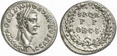 Caligula. 37-41. Denarius (Silver, 3.64 g 6), Rome, 40. C.CAESAR.AVG.PON.M.TR.POT.III.COS.III Laureate head of Caligula to right Rev. S.P.Q.R. / P.P /OBC.S. within oak wrreath. BMC -. Cohen 21. RIC 28