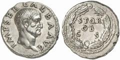 Galba. AD 68-69. Denarius (Silver, 3.35 g 5), Rome, circa July 68 - January 69. IMP SER GALBA AVG Bare head of Galba to right. Rev. SPQR / OB / C S within oak wreath. BMC 34 (there incorrectly termed 