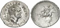 Vespasian. AD 69-79. Denarius (Silver, 3.49 g 12), struck in a mint in Asia Minor, probably Ephesos, 76. IMP CAESAR VESPASIANVS AVG Laureate head of Vespasian to right; below wreath ties, small O. Rev