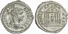 Geta. Caesar, AD 198-209. Denarius (Silver, 3.25 g 6), Rome, 206. P SEPTIMIVS GETA CAES Bare-headed and draped bust of Geta to right. Rev. ROMAE AETERNAE Roma seated facing in the center intercolumnia