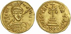 Constantine IV Pogonatus. 668-685. Solidus (Gold, 4.35 g 6), Naples (ascribed by Ricotti Prina to Pentapolis), circa 681-685. P OCNS TA US P P A Helmeted, diademed and cuirassed bust of Constantine IV