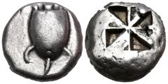 Greek ISLANDS OFF ATTICA, Aegina. Circa 525-480 BC. Stater (Silver, 19 mm, 12.02 g). Sea turtle. Rev. Incuse square of 'Union Jack' pattern with four sections filled. HGC 6, 430. Meadows, Aegina Group