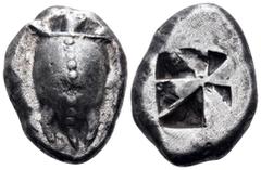 Greek ISLANDS OFF ATTICA, Aegina. Circa 520/510-500 BC. Stater (Silver, 23 mm, 12.06 g). Sea turtle, with a thin collar and a row of dots down the carapace. Rev. "Union Jack" pattern reverse with eigh