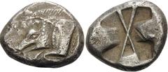 Greek DYNASTS OF LYCIA. Uncertain dynast, circa 520-470/60 BC. Stater (Silver, 20 mm, 9.37 g). Forepart of boar to right. Rev. Incuse square divided by large X, indentations on two sides. SNG Copenhag