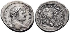 Roman Provincial SYRIA, Cyrrhestica. Hieropolis (?). Caracalla, 198-217. Tetradrachm (Billon, 28,5 mm, 13.88 g, 11 h), 215-217. AYT KAI ANTWNINOC CE Laureate head of Caracalla to right. Rev. ΔΗΜΑΡΧ ΕΞ