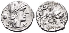 Roman Republican & Imperatorial Sex. Pompeius Fostlus, 137 BC. Denarius (Silver, 19 mm, 4.14 g, 5 h), Rome. Helmeted head of Roma to right; behind, jug; below chin, X (mark of value). Rev. SE [X PO] F