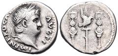 Roman Imperial Nero, 54-68. Denarius (Silver, 18 mm, 3.17 g, 6 h), Rome, circa 64-65. IMP NERO CAESAR AVG P P Laureate head of Nero to right. Rev. Legionary eagle with wings displayed between two stan