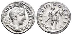 Roman Imperial Gordian III, 238-244. Denarius (Silver, 20 mm, 2.64 g, 1 h), Rome, 240. IMP GORDIANVS PIVS FEL AVG Laureate, draped and cuirassed bust of Gordian III to right. Rev. P M TR P III COS II 