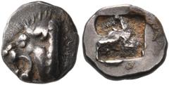 Collection Sans Pareille: Highly Important Collection of Greek Fractions GAUL, Massalia. 490/485-470 BC. Hemiobol (Silver, 7 mm, 0.57 g), Milesian standard, 'Auriol'. Lion's head to left, with open ja