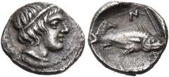 Collection Sans Pareille: Highly Important Collection of Greek Fractions MACEDON. Amphipolis. Circa 370-357 BC. Obol (Silver, 9 mm, 0.49 g, 9 h). Male head to right (Apollo?), wearing taenia. Rev. A-M