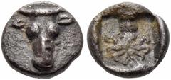 Collection Sans Pareille: Highly Important Collection of Greek Fractions EUBOIA. Eretria. Circa 500-465 BC. Hemiobol (Silver, 6 mm, 0.28 g, 6 h). Bull's head facing; on the nose, Ε. Rev. Octopus with 