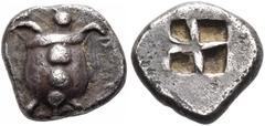 Collection Sans Pareille: Highly Important Collection of Greek Fractions ISLANDS OFF ATTICA, Aegina. Circa 525/0-500 BC. Obol (Silver, 9 mm, 0.96 g). Sea turtle with a T-shaped design formed a horizon