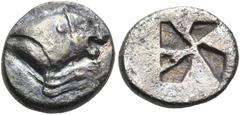 Collection Sans Pareille: Highly Important Collection of Greek Fractions ARGOLIS. Kleonai. Circa 500-490 BC. Twelfth Stater (Silver, 10 mm, 0.97 g). Forepart of lion crouching to right, with two forel