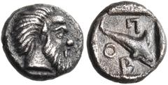 Collection Sans Pareille: Highly Important Collection of Greek Fractions ISLANDS OFF MYSIA, Pordosilene. Circa 450-400 BC. Hemiobol (Silver, 7.5 mm, 0.46 g, 3 h). Bearded head of Silenos to right, wit