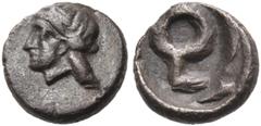 Collection Sans Pareille: Highly Important Collection of Greek Fractions ASIA MINOR, Perhaps the area of Caria. Uncertain mint. Early to mid 4th century BC. Hemiobol (Silver, 6 mm, 0.21 g, 3 h). Femal