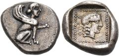 Collection Sans Pareille: Highly Important Collection of Greek Fractions CARIA, Dynasts of Caria. Orou, Circa 470-450 BC. 1/10 Stater (Silver, 10.2 mm, 1.06 g, 9 h), on the Aeginetic standard. Sphinx 