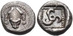 Collection Sans Pareille: Highly Important Collection of Greek Fractions DYNASTS OF LYCIA. Uncertain dynast, Circa 450 BC. Obol (Silver, 8 mm, 0.67 g). Skin of the forepart of a lion, seen from above.