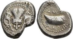 The Richard Eidswick Collection of Greek Coins CAMPANIA. Cumae. Circa 475-470 BC. Didrachm (Silver, 20.5 mm, 7.16 g, 6 h), Phocaic standard. Lion's head and neck with mane facing; to left and right, b