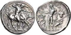 The Richard Eidswick Collection of Greek Coins SICILY. Selinos. Circa 455-440 BC. Didrachm (Silver, 24.5 mm, 8.61 g, 4 h). Σ-E-ΛI-N-ONT-IOΣ Herakles striding right, holding his club overhead in his ri