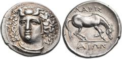 The Richard Eidswick Collection of Greek Coins THESSALY. Larissa. Circa 356-342 BC. Drachm (Silver, 20 mm, 6.11 g, 1 h). Head of the nymph Larissa facing, turned slightly to the left, wearing ampyx wi