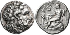 Greek THESSALY. Kierion. Circa 350 BC. Stater (Silver, 22 mm, 12.05 g, 12 h). Laureate head of Zeus to right, his hair and beard abundant and curly. Rev. [ΚΙΕΡΙΕΙΩΝ] Youthful Asklepios, wearing an oli