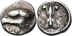Greek ELIS. Olympia. 93rd Olympiad, 408 BC. Stater (Silver, 23 mm, 12.20 g, 5 h). Head of an eagle to left; below, white poplar leaf (Populus alba) . Rev. F - A Winged thunderbolt within and olive wre