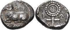 Greek CYPRUS. Salamis. Nikodamos, circa 460-450 BC. Stater (Silver, 22.5 mm, 10.96 g, 12 h), "Kalarita" type. 𐠛𐠍𐠭𐠗 - 𐠩𐠵𐠐𐠪𐠞 ( = 'pa-si-le-wo-se //Ni-ko-da-mo'), 'of the king Nikodamos', in ret