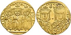 Byzantine Constantine VI & Irene, 780-797. Solidus (Gold, 20 mm, 4.44 g, 6 h), Constantinople, November 787-10 November 790. COnST-AnTInOS C' b' b' Figures of Constantine V, Leo III and Leo IV seated 