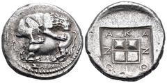 Greek MACEDON. Akanthos. Circa 430-390 BC. Tetradrachm (Silver, 26 mm, 14.20 g, 7 h), struck under the magistrate ...agathon. [...]ΑΓΑΘΩΝ Lion to right, attacking bull collapsing to left. Rev. ΑΚΑ-Ν-Θ