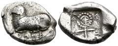 Greek CYPRUS. Salamis. Phausis(?), Circa 480-460 BC. Stater (Silver, 24 mm, 11.18 g, 11 h). Recumbent ram to left; below, uncertain Cypriot inscription starting with 𐠞 ( = pa). Rev. Large ornate Ankh