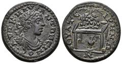 Roman Provincial LYDIA. Thyateira. Elagabalus, 218-222. (Bronze, 27 mm, 9.89 g, 6 h). AYT K M AYP ANTΩNEINOC Laureate draped and cuirassed bust of Elagabalus to right. Rev. ΘΥΑΤΕ-ΙΠΗΝΩ-Ν Agonistic tab
