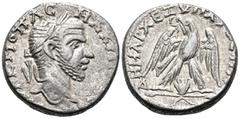 Roman Provincial JUDAEA. Aelia Capitolina (Jerusalem). Macrinus, 217-218. Tetradrachm (Billon, 24 mm, 13.29 g, 12 h). AYT M OΠΛ C MAKPINOC C Laureate head of Macrinus to right. Rev. ΔHMAPX EΞ ΥΠATOC Π