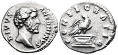 Roman Imperial Divus Antoninus Pius, died 161. Denarius (Silver, 19 mm, 3.56 g, 6 h), struck under Marcus Aurelius and Lucius Verus, Rome, 161. DIVVS ANTONINVS Bare head of the deified Antoninus Pius 