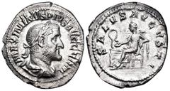 Roman Imperial Maximinus I, 235-238. Denarius (Silver, 20 mm, 2.99 g, 6 h), Rome. MAXIMINVS PIVS AVG GERM Laureate, draped and cuirassed bust of Maximinus Thrax to right. Rev. SALVS AVGVSTI Salus seat