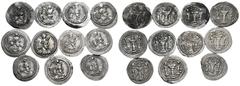 Large Lots SASANIAN KINGS. Circa 5th century AD. Drachm (Silver, 44.11 g). Lot of Eleven (11) Sasanian Drachms from Yazgard II, 428-475, with various and interesting controls. An attractive group. Mos