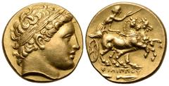 Greek KINGS OF MACEDON. Philip II, 359-336 BC. Stater (Gold, 17 mm, 8.54 g, 1 h), Kolophon, Struck under Menander or Kleitos, circa 322-319. Laureate head of Apollo to right. Rev. ΦΙΛΙΠΠΟΥ Charioteer,