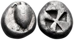 Greek ISLANDS OFF ATTICA, Aegina. Circa 525-480 BC. Stater (Silver, 19 mm, 12.03 g). Sea turtle with its head in profile, with thin collar and row of dots down its back (barely visible on this example